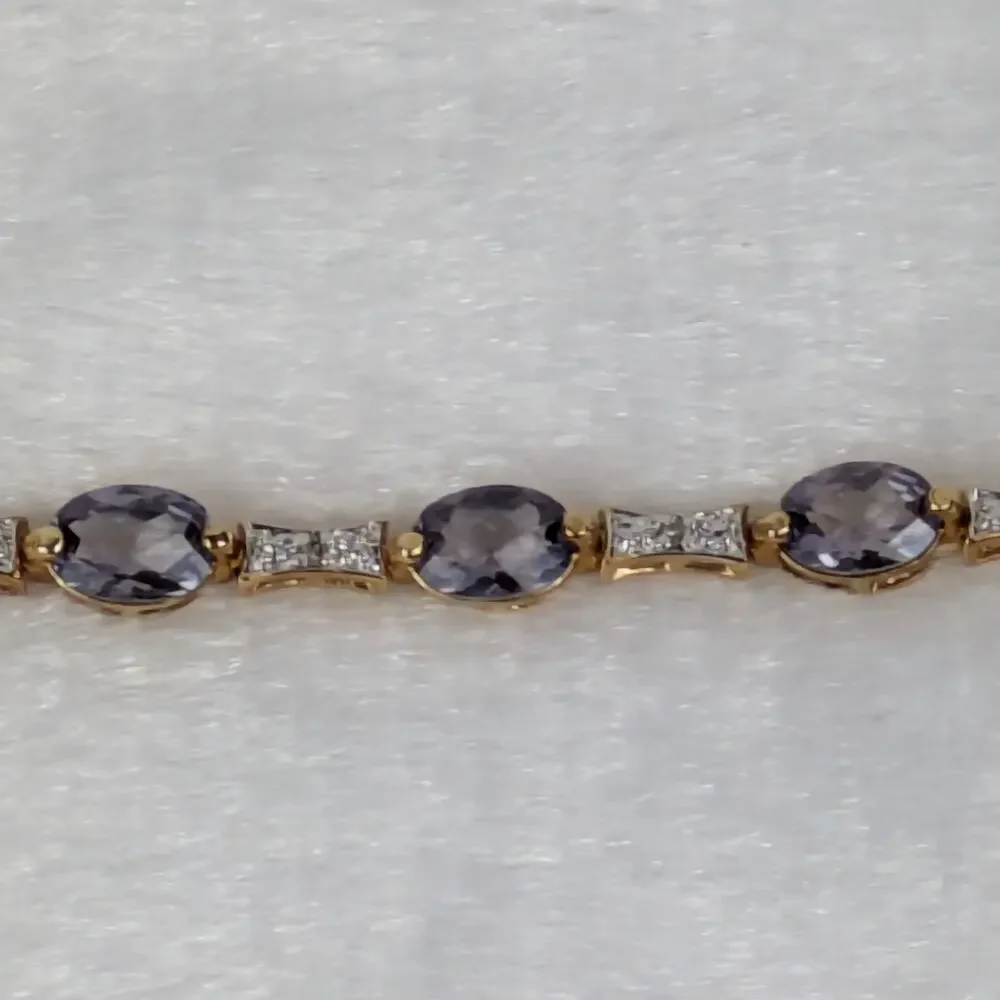 Sterling 925 Gold Vermeil Lab Purple Sapphire & CZ Link Bracelet 7" Oval Cut - Picture 5 of 5